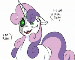Size: 2635x2097 | Tagged: safe, artist:b(r)at, derpibooru import, sweetie belle, pony, robot, unicorn, dialogue, existential crisis, eye clipping through hair, eyebrows, eyebrows visible through hair, female, floppy ears, horn, image, jpeg, mare, missing cutie mark, older, older sweetie belle, open mouth, simple background, solo, sweetie bot, white background