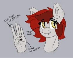 Size: 2391x1902 | Tagged: safe, artist:reddthebat, derpibooru import, oc, oc:reddthebat, unofficial characters only, bat pony, pony, arrow, bat pony oc, bat wings, eyebrows, eyebrows visible through hair, fangs, female, gray background, hand, image, jpeg, mare, simple background, solo, text, wings