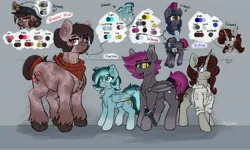 Size: 4096x2462 | Tagged: safe, alternate version, artist:reddthebat, derpibooru import, oc, oc:alaska (reddthebat), oc:number nine, oc:selena (reddthebat), oc:violina (reddthebat), unofficial characters only, bat pony, earth pony, ghost, ghost pony, pegasus, pony, undead, unicorn, bandana, bat pony oc, bat wings, chest fluff, cigarette, color palette, eyebrows, eyebrows visible through hair, fangs, female, freckles, gray background, hair over one eye, height difference, high res, horn, image, jpeg, knife, looking at you, looking up, mare, open mouth, open smile, simple background, smiling, smiling at you, smoking, tongue out, unshorn fetlocks, wings