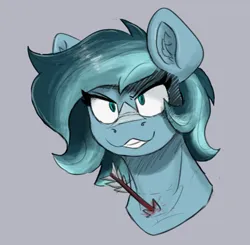 Size: 864x848 | Tagged: safe, artist:reddthebat, derpibooru import, oc, oc:alaska (reddthebat), unofficial characters only, ghost, ghost pony, pegasus, pony, undead, arrow, blood, bust, ear fluff, female, furrowed brow, gray background, grin, image, mare, mischievous, png, simple background, smiling, solo