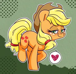 Size: 1832x1788 | Tagged: safe, artist:lou, derpibooru import, applejack, earth pony, pony, abstract background, blushing, cute, female, g4, heart, image, jackabetes, lidded eyes, looking at you, mare, pictogram, png, smiling, smiling at you, solo, speech bubble, standing on two hooves