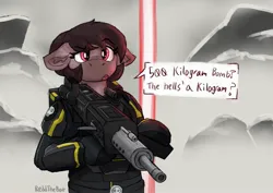 Size: 2422x1716 | Tagged: safe, artist:reddthebat, derpibooru import, oc, oc:number nine, unofficial characters only, earth pony, pony, armor, bipedal, dialogue, female, floppy ears, gun, helldivers 2, hoof hold, image, jpeg, mare, solo, speech bubble, talking to viewer, weapon