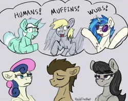 Size: 1233x975 | Tagged: safe, artist:reddthebat, derpibooru import, bon bon, derpy hooves, doctor whooves, lyra heartstrings, octavia melody, sweetie drops, time turner, vinyl scratch, earth pony, pegasus, pony, unicorn, chest fluff, ear fluff, eyes closed, female, floppy ears, food, frown, furrowed brow, g4, gray background, grin, horn, image, jpeg, lidded eyes, male, mare, muffin, open mouth, open smile, signature, simple background, smiling, stallion, that pony sure does love humans, that pony sure does love muffins, that pony sure does love wubs, thought bubble, wub