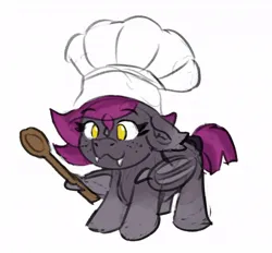 Size: 1032x957 | Tagged: safe, artist:reddthebat, derpibooru import, oc, oc:selena (reddthebat), unofficial characters only, pony, chef's hat, cute, eyebrows, eyebrows visible through hair, fangs, female, floppy ears, freckles, hat, image, jpeg, mare, simple background, smiling, solo, white background, wing hold, wings, wooden spoon