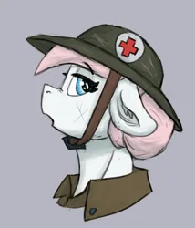 Size: 728x850 | Tagged: safe, artist:reddthebat, derpibooru import, nurse redheart, earth pony, pony, army helmet, aside glance, bust, ear fluff, eyebrows, eyebrows visible through hair, female, floppy ears, g4, gray background, helmet, image, looking at you, mare, medic, open mouth, png, profile, redd's great war universe, sideways glance, simple background, solo, world war i
