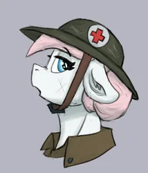 Size: 728x850 | Tagged: safe, artist:reddthebat, derpibooru import, nurse redheart, earth pony, pony, g4, army helmet, aside glance, bust, ear fluff, eyebrows, eyebrows visible through hair, female, floppy ears, gray background, helmet, image, looking at you, mare, medic, open mouth, png, profile, redd's great war universe, sideways glance, simple background, solo, world war i