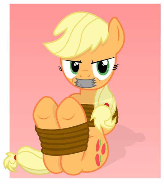 Size: 2000x2242 | Tagged: safe, artist:cardshark777, derpibooru import, applejack, earth pony, pony, angry, applejack is not amused, blonde mane, bondage, bound and gagged, digital art, female, g4, gag, green eyes, hair bun, hatless, helpless, hooves, hooves behind back, image, mare, missing accessory, png, puffy cheeks, rope, rope bondage, shading, shadow, simple background, sitting, solo, tape, tape gag, tied up, unamused