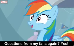 Size: 1920x1202 | Tagged: safe, derpibooru import, edit, edited screencap, screencap, rainbow dash, pegasus, pony, comic:celestia's servant interview, season 5, tanks for the memories, caption, cs captions, female, g4, image, image macro, interview, mare, png, rainbow dash's house, solo, text