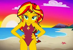 Size: 1216x832 | Tagged: safe, ai content, machine learning generated, stable diffusion, sunset shimmer, anthro, unicorn, baywatch, beach, busty sunset shimmer, flirty, hand on hip, jpeg, mountain, one-piece swimsuit, seductive pose, sexy, smiling, solo, standing, sunset