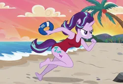 Size: 1216x832 | Tagged: safe, ai content, artist:nickeltempest, machine learning generated, stable diffusion, starlight glimmer, anthro, unicorn, baywatch, beach, buoy, busty starlight glimmer, determined, image, jpeg, one-piece swimsuit, palm tree, running, seductive look, sexy, solo, swimsuit
