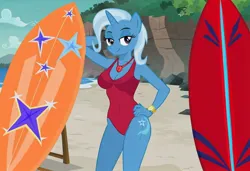 Size: 1216x832 | Tagged: safe, ai content, artist:nickeltempest, machine learning generated, stable diffusion, trixie, anthro, unicorn, arm behind head, baywatch, beach, busty trixie, flirty, hand on hip, image, jpeg, one-piece swimsuit, rock cliff, seductive pose, sexy, smiling, solo, standing, sunbathing, surfboard, swimsuit