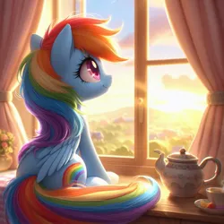 Size: 1024x1024 | Tagged: safe, ai content, derpibooru import, machine learning generated, prompter:equestria pony fans, rainbow dash, pegasus, pony, blanket, cloud, cup, curtains, female, flower, food, g4, generator:bing image creator, generator:dall-e 3, hill, image, indoors, jpeg, looking up, mare, morning, plate, rainbow, sitting, smiling, solo, sun, tea, teacup, teapot, tree, window, wood, wrong cutie mark