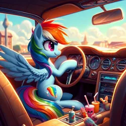 Size: 1024x1024 | Tagged: safe, ai content, derpibooru import, machine learning generated, prompter:equestria pony fans, rainbow dash, pegasus, pony, rabbit, animal, building, can, car, cloud, cup, driving, female, g4, generator:bing image creator, generator:dall-e 3, happy, image, jpeg, mare, rainbow, seat, sitting, sky, smiling, solo, steering wheel, straw, teeth, town, toy, wrong cutie mark