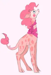 Size: 599x880 | Tagged: safe, artist:daydreamaskblog, derpibooru import, pinkie pie, giraffe, clothes, female, giraffied, image, looking up, pink background, png, scarf, simple background, solo, species swap