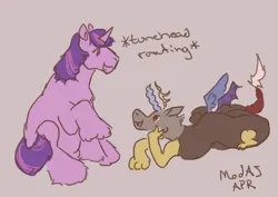 Size: 2048x1448 | Tagged: safe, derpibooru import, discord, twilight sparkle, draconequus, unicorn, friendshipping, gray background, horn, image, lying down, png, raised hoof, rant, signature, simple background, sitting, unicorn twilight