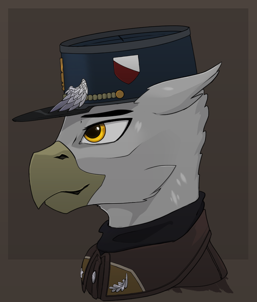 Size: 920x1080 | Tagged: safe, artist:callsign-echo, derpibooru import, oc, oc:charles-guillaume-ferdinand de greifenwald-strawberry, unofficial characters only, gryphon, equestria at war mod, bust, cap, clothes, griffon oc, hat, image, military uniform, png, portrait, solo, uniform