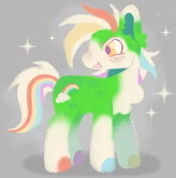 Size: 628x636 | Tagged: oc name needed, safe, artist:kaijulii, derpibooru import, oc, unofficial characters only, earth pony, pony, chest fluff, chest markings, cute, ear fluff, earth pony oc, frizzy hair, full body, gray background, green coat, green fur, image, leg markings, lineless, male, messy hair, messy mane, mismatched hooves, multicolored fur, multicolored hair, multicolored mane, multicolored tail, open mouth, open smile, pale belly, png, rainbow hair, simple background, smiling, solo, sparkles, spots, spotted, stallion, stallion oc, tail, yellow eyes