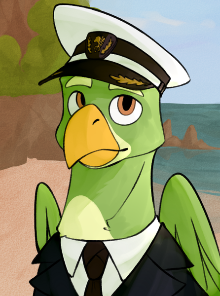 Size: 520x700 | Tagged: safe, artist:bunnyshrubby, derpibooru import, oc, oc:miguel vuelo fernandez pajaro, unofficial characters only, gryphon, equestria at war mod, admiral, bust, cap, clothes, griffon oc, hat, image, male, necktie, ocean, png, portrait, solo, uniform, water