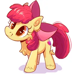 Size: 1024x1024 | Tagged: safe, artist:candy meow, derpibooru import, apple bloom, earth pony, pony, apple bloom's bow, bow, cheek fluff, chest fluff, curious, ear fluff, g4, hair bow, image, png, simple background, smiling, solo, standing, white background
