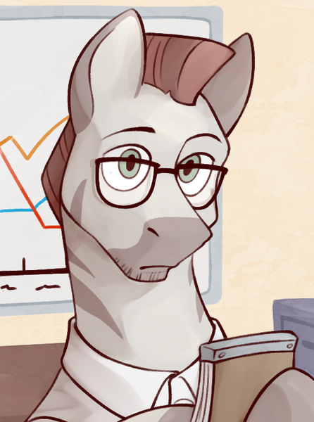 Size: 520x700 | Tagged: safe, artist:bunnyshrubby, derpibooru import, oc, oc:azizelqart zahummid, unofficial characters only, zebra, equestria at war mod, bust, clothes, file cabinet, glasses, image, notepad, png, portrait, solo, whiteboard, zebra oc