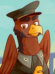 Size: 520x700 | Tagged: safe, artist:bunnyshrubby, derpibooru import, oc, oc:henri anjer, unofficial characters only, gryphon, equestria at war mod, bust, cap, clothes, griffon oc, hat, image, military uniform, png, portrait, solo, uniform