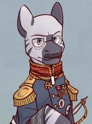 Size: 520x700 | Tagged: safe, artist:bunnyshrubby, derpibooru import, oc, oc:bezelshazzar zerutra, unofficial characters only, zebra, equestria at war mod, bust, clothes, facial hair, glasses, image, medal, military uniform, moustache, png, portrait, solo, uniform, zebra oc