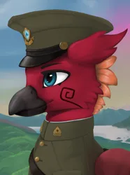 Size: 1560x2100 | Tagged: safe, artist:printik, derpibooru import, oc, oc:arcus flamefeather, unofficial characters only, hippogriff, equestria at war mod, bust, cap, clothes, hat, hippogriff oc, image, military uniform, png, portrait, solo, uniform