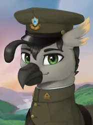 Size: 1560x2100 | Tagged: safe, artist:printik, derpibooru import, oc, oc:faber greyfeather, unofficial characters only, hippogriff, equestria at war mod, bust, cap, clothes, hat, hippogriff oc, image, military uniform, png, portrait, solo, uniform