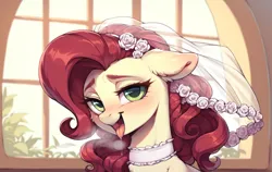 Size: 1904x1200 | Tagged: suggestive, ai content, derpibooru import, machine learning generated, prompter:greesys, cherry jubilee, earth pony, ahegao, choker, image, open mouth, png, solo, tongue out, veil, wedding veil