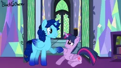 Size: 1192x670 | Tagged: safe, derpibooru import, twilight sparkle, twilight sparkle (alicorn), oc, oc:blue thunder, alicorn, blushing, duo, duo male and female, female, image, male, png, reunited, twilight's castle