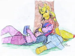 Size: 950x718 | Tagged: safe, artist:lunarlight-prism, derpibooru import, applejack, twilight sparkle, anthro, earth pony, unicorn, book, clothes, duo, duo female, female, hoodie, horn, image, jpeg, lesbian, lying down, on back, reading, ship:twijack, shipping, simple background, sitting, traditional art, tree, white background