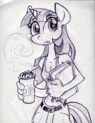Size: 850x1100 | Tagged: safe, artist:trollie trollenberg, derpibooru import, twilight sparkle, anthro, unicorn, belly button, belly piercing, bellyring, book, breasts, cleavage, coffee, coffee cup, cup, ear piercing, earring, female, food, holding, horn, image, jewelry, jpeg, monochrome, piercing, solo, traditional art, whipped cream
