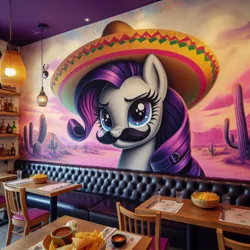 Size: 1024x1024 | Tagged: prompter needed, safe, ai content, derpibooru import, machine learning generated, rarity, pony, bottle, bust, cactus, chair, dip, drink, drinking glass, facial hair, female, food, g4, generator:bing image creator, generator:dall-e 3, glass, hat, image, indoors, jpeg, lamp, mare, mexican, mexican food, moustache, portrait, restaurant, sombrero, table, tortilla chips