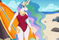 Size: 1216x832 | Tagged: safe, ai content, machine learning generated, stable diffusion, princess celestia, alicorn, anthro, baywatch, beach, busty princess celestia, flirty, jpeg, one-piece swimsuit, seductive pose, sexy, smiling, solo, standing, sunbathing, surfboard