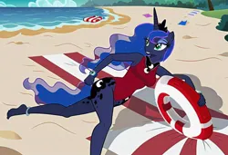 Size: 1216x832 | Tagged: safe, ai content, machine learning generated, stable diffusion, princess luna, alicorn, anthro, baywatch, beach, beach towel, buoy, busty princess luna, floaty, jpeg, one-piece swimsuit, running, seductive pose, sexy, smiling, solo