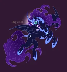 Size: 3661x3929 | Tagged: safe, artist:artsyart13, derpibooru import, nightmare moon, alicorn, pony, blue eyes, blue mane, blue tail, colored pupils, curved horn, digital art, ethereal mane, ethereal tail, feather, female, flowing mane, flowing tail, flying, g4, helmet, high res, hoof shoes, horn, image, looking at you, mare, moon, moonlight, open mouth, open smile, peytral, png, princess shoes, purple background, signature, simple background, smiling, smiling at you, solo, spread wings, tail, wings