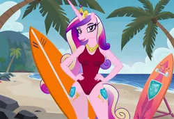 Size: 1216x832 | Tagged: safe, ai content, machine learning generated, stable diffusion, princess cadance, alicorn, anthro, baywatch, beach, busty princess cadance, flirty, hand on hip, jpeg, mountain, one-piece swimsuit, palm tree, seductive pose, sexy, smiling, solo, standing, sunbathing, surfboard