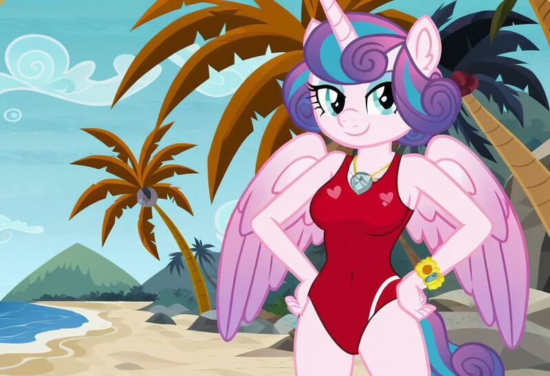 Size: 1216x832 | Tagged: safe, ai content, machine learning generated, stable diffusion, princess flurry heart, alicorn, anthro, baywatch, beach, busty princess flurry heart, flirty, hand on hip, jpeg, mountain, one-piece swimsuit, palm tree, seductive pose, sexy, smiling, solo, standing, sunbathing