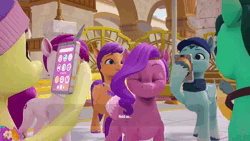 Size: 1280x720 | Tagged: safe, derpibooru import, hitch trailblazer, izzy moonbow, pipp petals, sunny starscout, unnamed character, unnamed pony, earth pony, pegasus, pony, unicorn, g5, animated, cutscene, female, game screencap, horn, image, male, mare, mobile phone, my little pony: a zephyr heights mystery, phone, smartphone, smoke, stallion, subtitles, webm, youtube link, zephyr heights