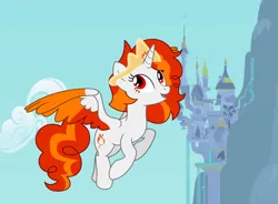 Size: 1280x940 | Tagged: safe, artist:creedyboy124, artist:musicfirewind, artist:shieldwingarmorofgod, oc, oc:flaming marshmallow, alicorn, pony, canterlot castle, colored wings, crown, derpibooru dnp artist, female, flying, image, jewelry, jpeg, multicolored hair, multicolored wings, regalia, solo, wings