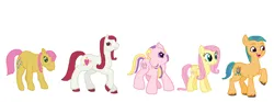 Size: 1463x546 | Tagged: safe, artist:diana173076, derpibooru import, fluttershy, fluttershy (g3), hitch trailblazer, posey, sweetheart, earth pony, pegasus, pony, g1, g2, g3, g5, female, g4, generational ponidox, hitch and his 2nd heroine, image, jpeg, male, open mouth, open smile, raised hoof, simple background, smiling, white background