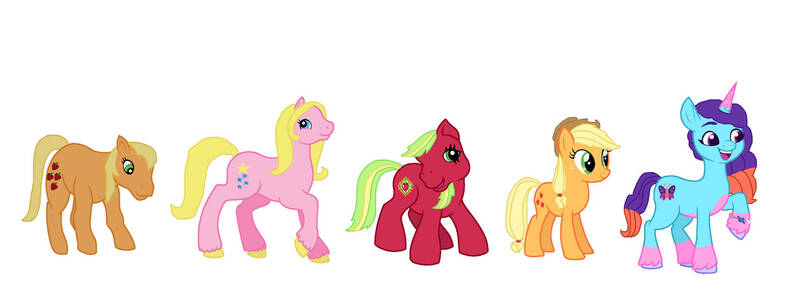 Size: 1457x548 | Tagged: safe, artist:diana173076, derpibooru import, applejack, applejack (g1), applejack (g3), starlight (g1), earth pony, pony, unicorn, g1, g2, g3, g5, applejack's hat, bracelet, coat markings, cowboy hat, female, freckles, friendship bracelet, g4, generational ponidox, hat, horn, image, jewelry, jpeg, misty and her 2nd heroine, misty brightdawn, open mouth, open smile, raised hoof, rebirth misty, simple background, smiling, socks (coat marking), white background