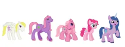 Size: 1450x551 | Tagged: safe, artist:diana173076, derpibooru import, clover (g1), izzy moonbow, pinkie pie, pinkie pie (g3), surprise, earth pony, pegasus, pony, unicorn, g1, g2, g3, g5, female, g4, generational ponidox, horn, image, izzy and her heroine, jpeg, open mouth, open smile, raised hoof, simple background, smiling, white background