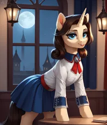 Size: 1097x1280 | Tagged: safe, machine learning generated, prompter:midnightdashie, pony, unicorn, bioshock, clothes, elizabeth comstock, female, horn, image, jpeg, looking at you, solo, solo female, tail