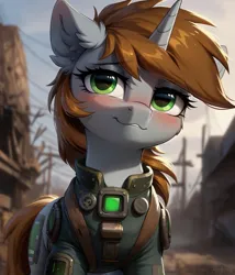 Size: 1097x1280 | Tagged: safe, machine learning generated, prompter:midnightdashie, oc, oc:littlepip, pony, unicorn, fallout equestria, blushing, female, horn, image, jpeg, looking at you, smiling at you, solo, solo female