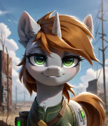 Size: 1097x1280 | Tagged: safe, machine learning generated, prompter:midnightdashie, oc, oc:littlepip, pony, unicorn, fallout equestria, female, horn, image, jpeg, looking at you, pipbuck, smiling at you, solo, solo female