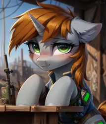 Size: 1097x1280 | Tagged: safe, machine learning generated, prompter:midnightdashie, oc, oc:littlepip, pony, unicorn, fallout equestria, blushing, female, horn, image, jpeg, looking at you, pipbuck, smiling at you, solo, solo female