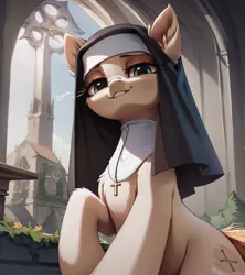 Size: 1137x1280 | Tagged: safe, machine learning generated, prompter:midnightdashie, earth pony, pony, bedroom eyes, female, image, jpeg, looking at you, nun, smiling, smirk, solo, solo female