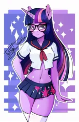 Size: 720x1113 | Tagged: suggestive, artist:therocknrollmartian, derpibooru import, twilight sparkle, alicorn, anthro, abstract background, belly button, belly piercing, butt touch, clothes, cravat, female, g4, glasses, grin, hand on butt, image, jpeg, looking at you, midriff, miniskirt, piercing, sailor uniform, school uniform, skirt, smiling, smiling at you, socks, solo, solo female, thigh highs, uniform, wingless, wingless alicorn, wingless anthro