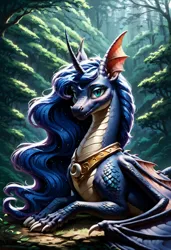 Size: 1664x2432 | Tagged: safe, ai content, derpibooru import, machine learning generated, stable diffusion, princess luna, alicorn, dragon, blue mane, bust, dragoness, dragonified, ethereal mane, female, forest, forest background, g4, image, jewelry, looking at you, lunadragon, lying down, png, portrait, regalia, scales, side, solo, species swap, tree, two toned mane